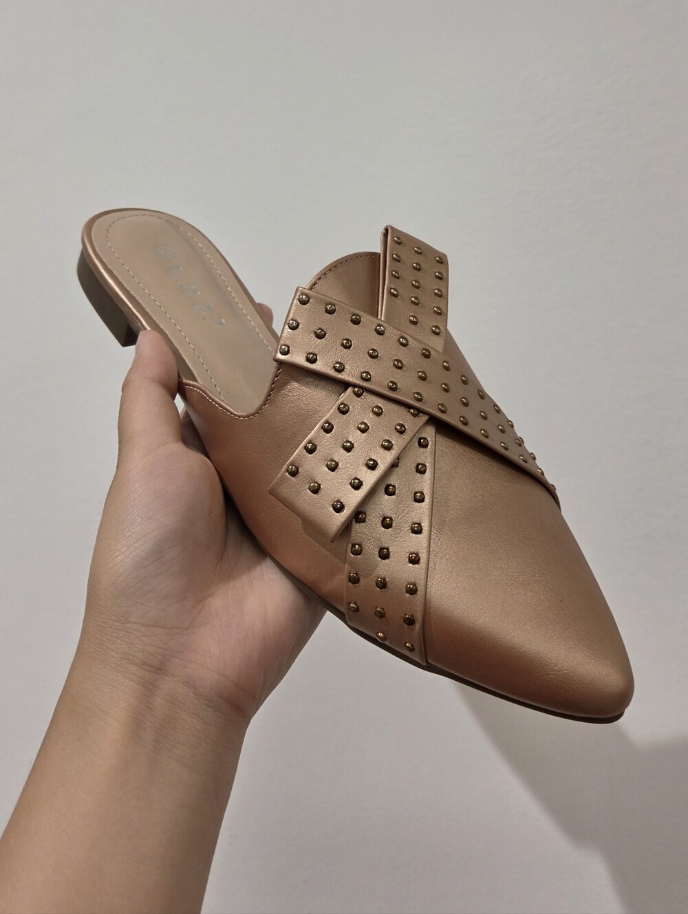 Studded Pointed-Toe Slip-On Mule in Champagne Color